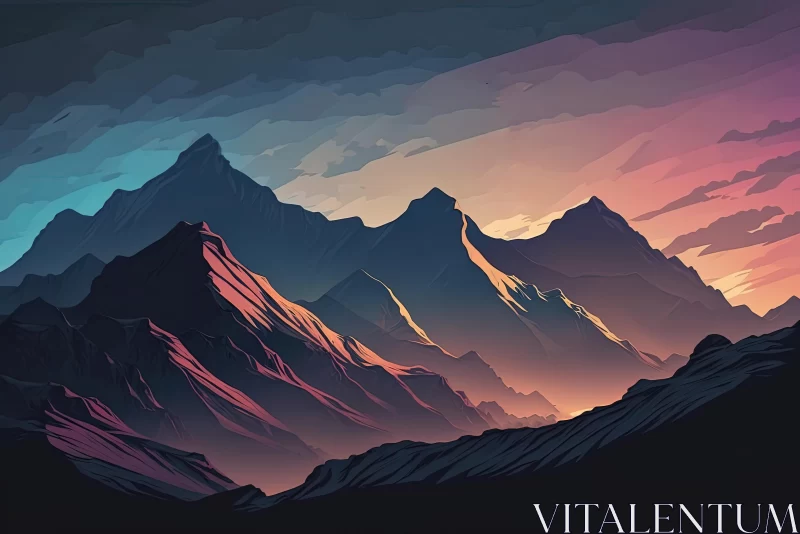 Breathtaking Mountain Vista at Sunset | Vibrant Colors | Detailed Illustrations AI Image
