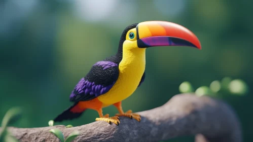 Colorful Cartoon Toucan on Branch - 3D Rendering