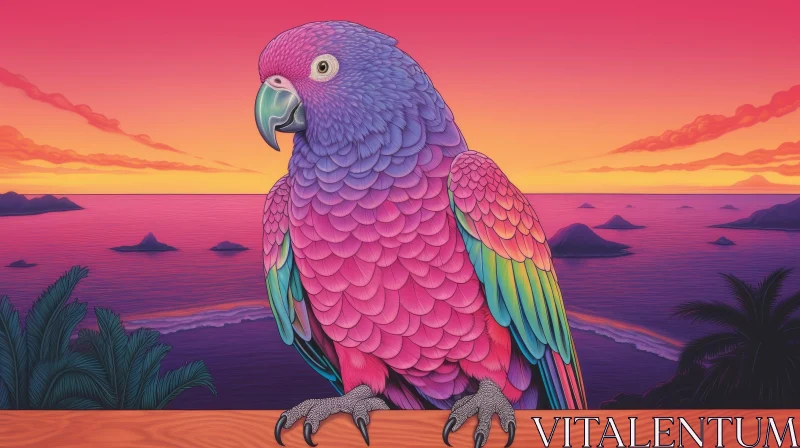 Colorful Parrot on Wooden Railing with Tropical Sunset AI Image