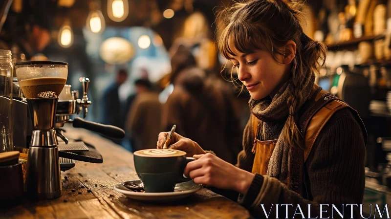 Cozy Coffee Shop Scene with Smiling Woman Making Coffee AI Image