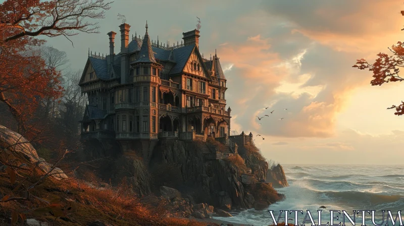 Enigmatic Victorian Mansion on Cliff Overlooking Ocean AI Image