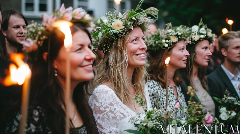 Garden Celebration: Joyous Gathering of Smiling Women with Flower Crowns AI Image