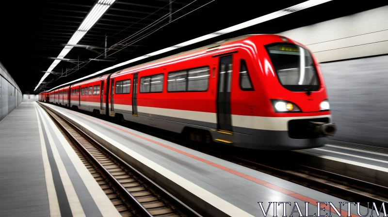High-Speed Red and White Passenger Train in Tunnel AI Image