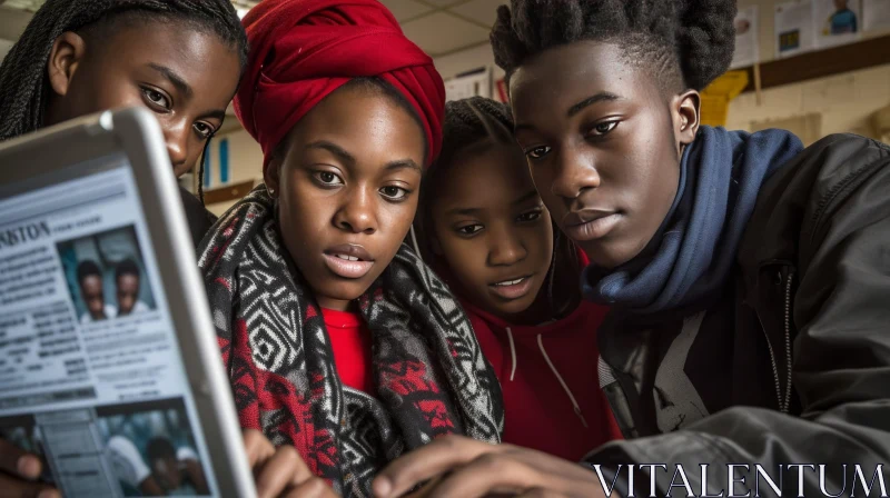 Intense Focus: African American Friends Engrossed in Tablet Content AI Image