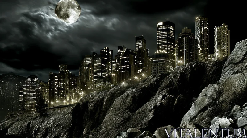 Moonlit Cityscape: Dark and Moody Urban Scene AI Image