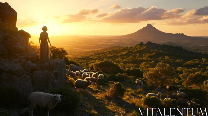 Shepherdess and Her Flock of Sheep at Sunset - A Serene Nature Image AI Image