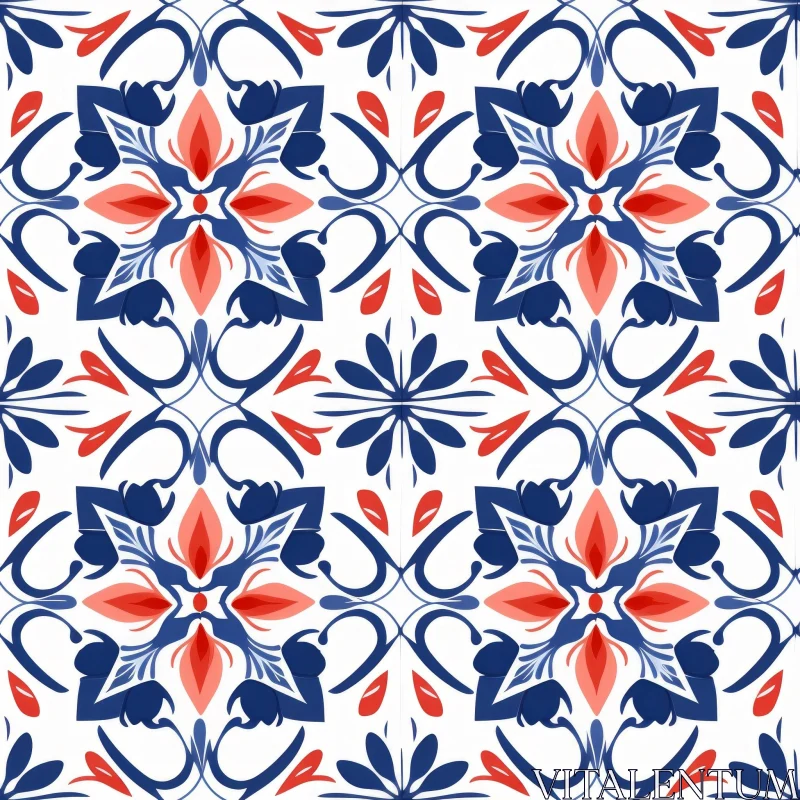 Symmetrical Blue and Red Floral Tiles Pattern AI Image
