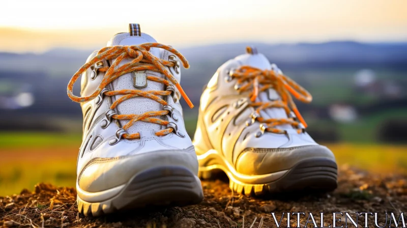 White Hiking Boots on Rocky Surface with Sunset Background AI Image
