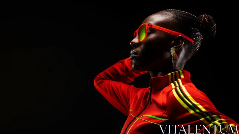 Young African-American Woman in Red Tracksuit with Orange Sunglasses AI Image