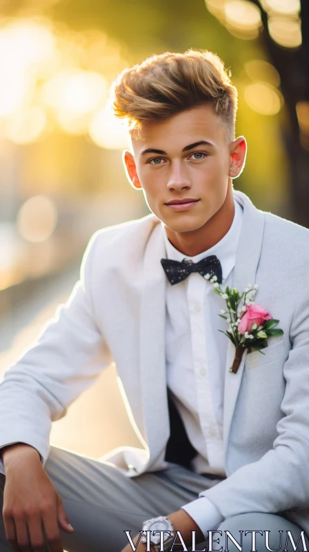 Young Man in White Suit and Bow Tie with Pink Rose Boutonniere AI Image