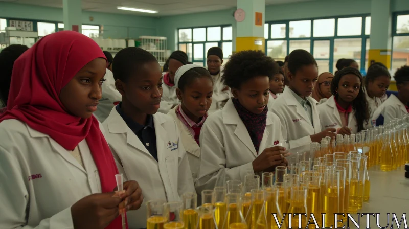 African Schoolgirls in Science Lab: Exploring the Wonders of Chemistry AI Image