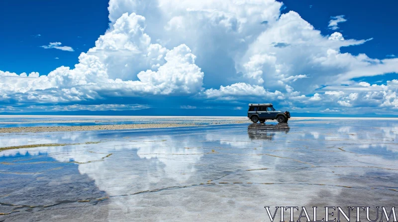 Blue Car on White Salt Flat: Vast Landscape View AI Image