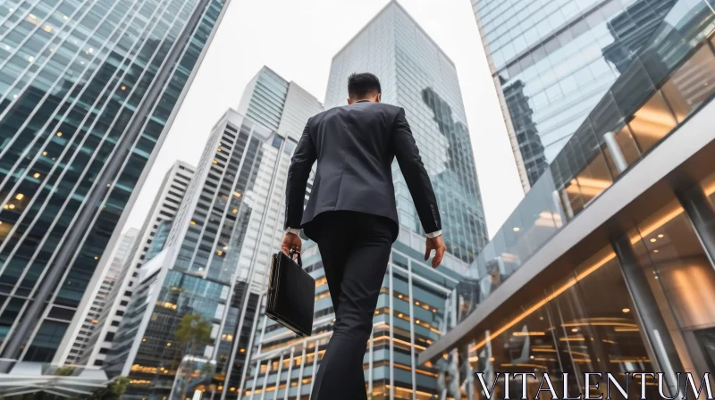 AI ART City Street: Man in Suit Walking Among Tall Buildings