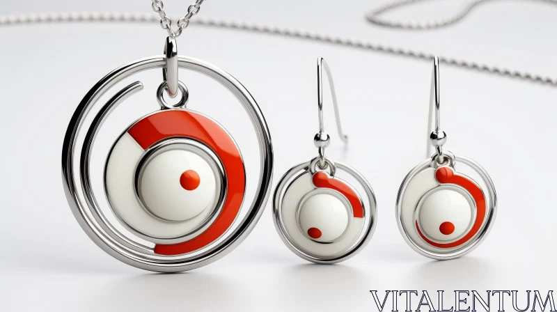 Elegant Silver Jewelry Set with Red and White Enamel AI Image