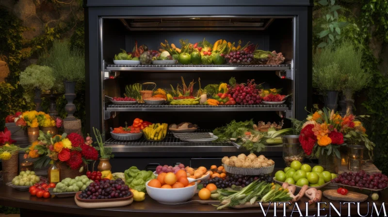 Fresh Fruits and Vegetables Displayed in Refrigerator and on Table AI Image