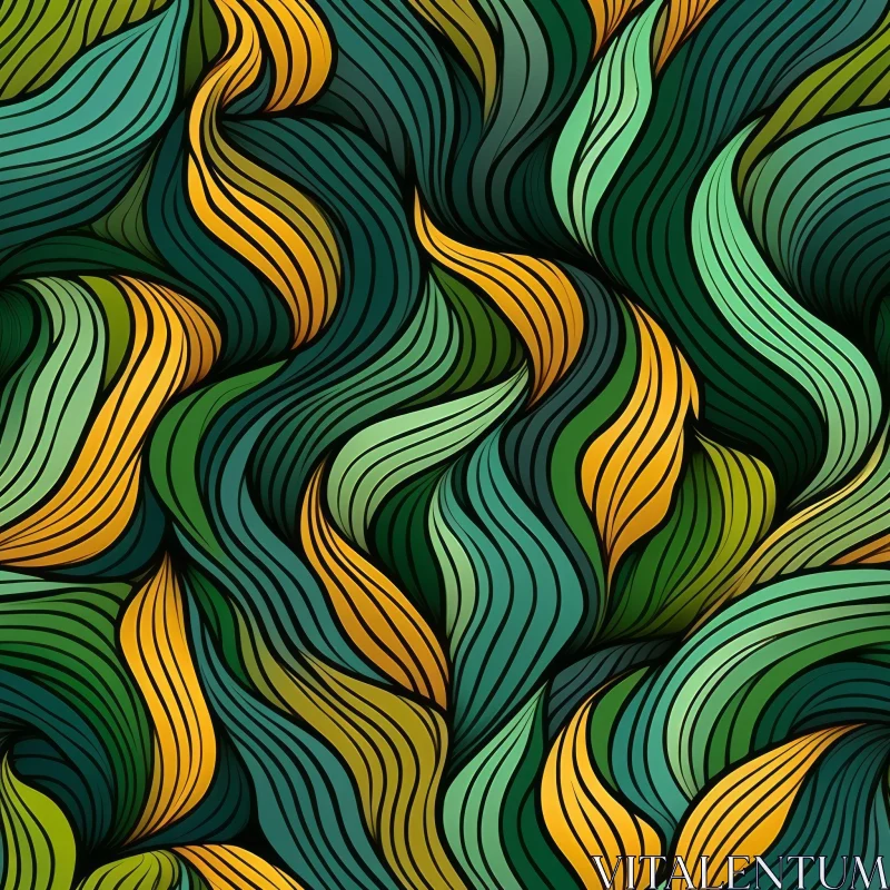 Green and Yellow Hand-Drawn Waves Pattern AI Image