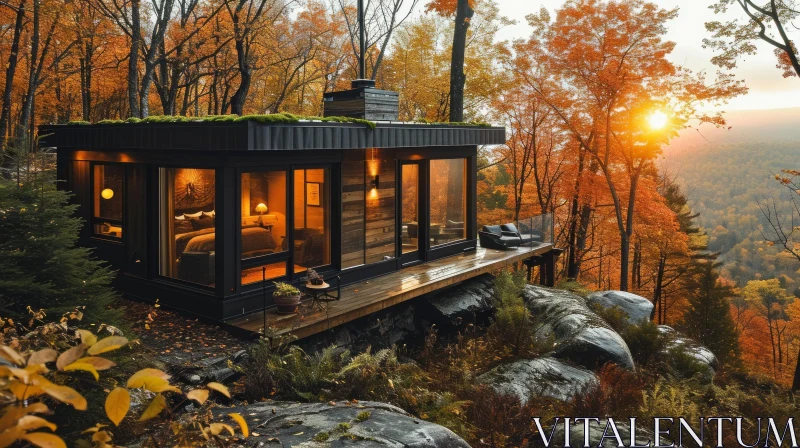 Modern Cabin in Fall Forest | Glass and Wood Design AI Image