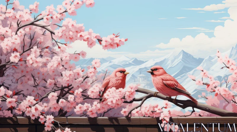 AI ART Pink Birds on Cherry Blossom Branch with Mountain View