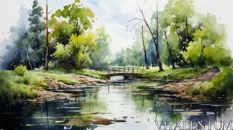 Tranquil Watercolor Painting of Bridge Over River in Forest AI Image