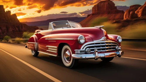 Vintage Red Car Driving on Desert Highway at Sunset
