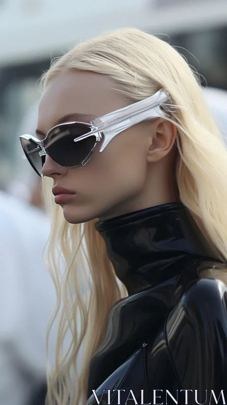 Young Woman in Futuristic Sunglasses and Latex Bodysuit AI Image