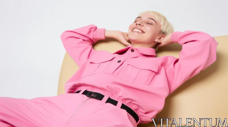 Blonde Woman in Pink Jumpsuit on Armchair AI Image