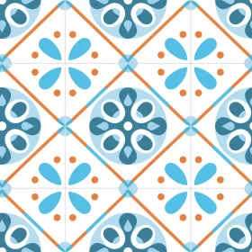 Blue and Orange Floral Seamless Pattern on White Background