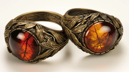Bronze Rings with Amber Stones - Leaf Pattern Design