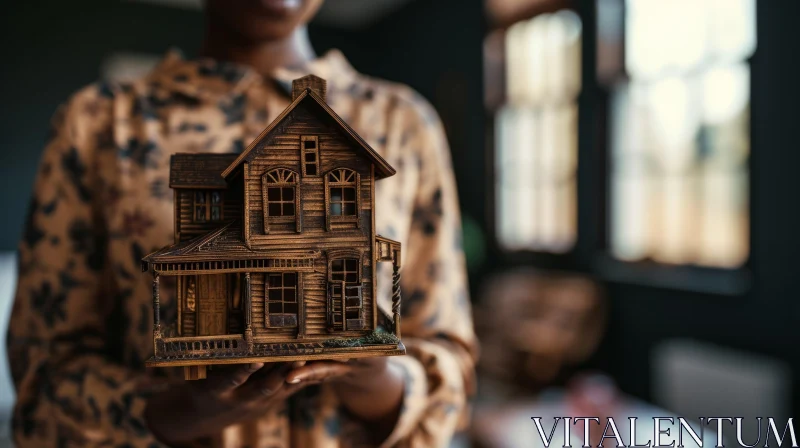Captivating Image: A Woman Holding a Wooden House Model AI Image