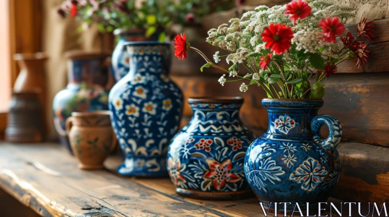 Captivating Still Life: Ceramic Vases on Wooden Shelf AI Image
