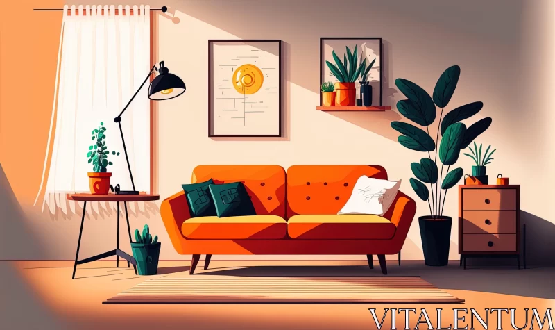 Cozy Living Room with Orange Sofa, Yellow Lamp, and Plants | Highly Detailed Illustrations AI Image