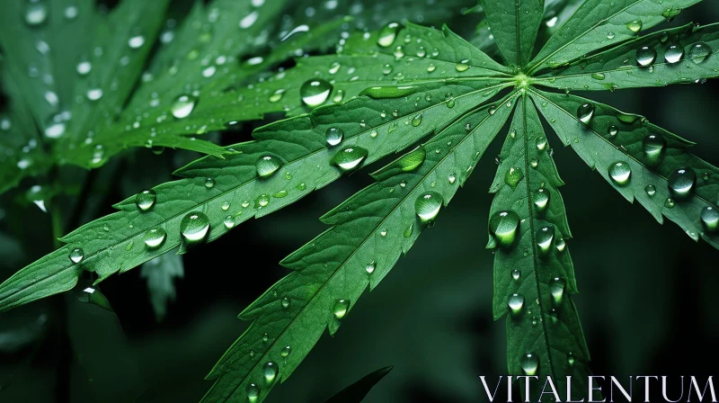 Dark Green Cannabis Leaf with Water Droplets Close-up AI Image