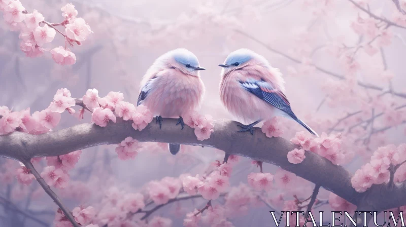 AI ART Enchanting Birds on Cherry Blossom Tree Branch