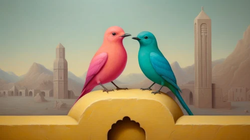 Enigmatic Bird Conversation in Surreal Cityscape