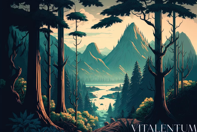 Intricate Forest Illustration with Mountains - Captivating Poster Art AI Image