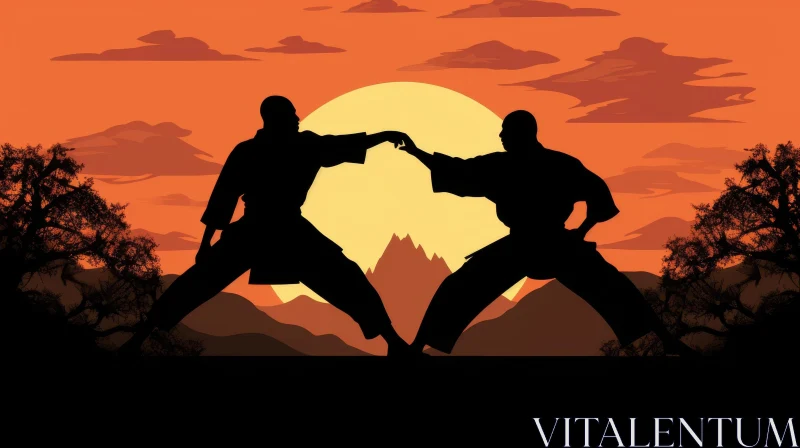 Karate Fight Silhouette at Sunset AI Image