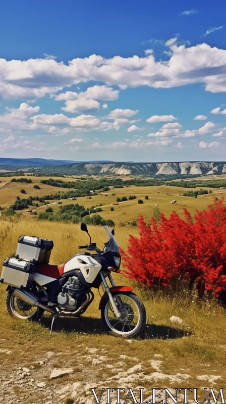 Lush Multicolored Landscapes: Motorcycle Parked Near a Field AI Image