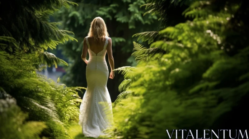 Majestic Bride in White Dress Walking in Green Forest AI Image