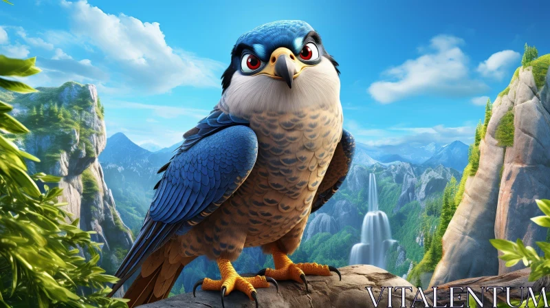 Majestic Falcon 3D Rendering with Waterfall and Mountains AI Image