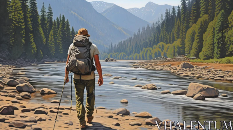 Man Walking Along River with Backpack AI Image