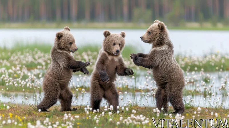 Playful Bear Cubs in Lush Field AI Image