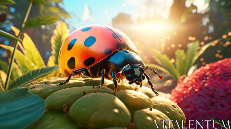 Red Ladybug on Green Leaf - Nature Close-up AI Image