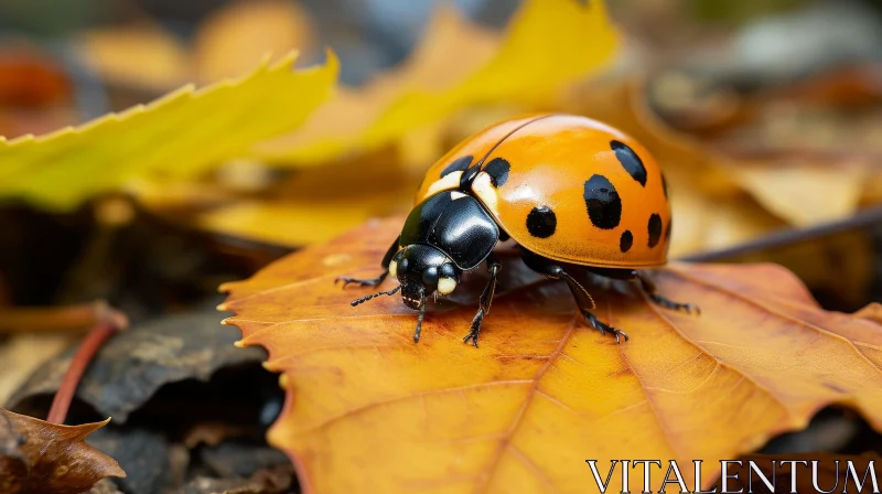 AI ART Red Ladybug on Orange Leaf - Nature Wildlife