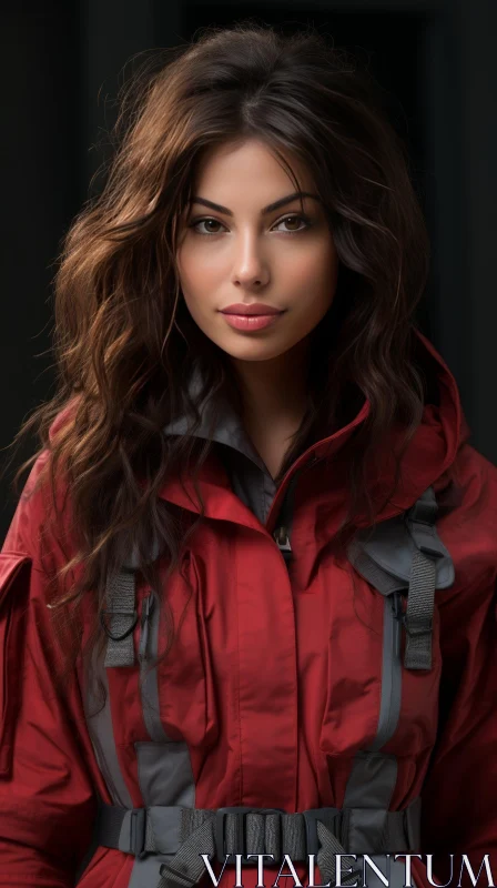 Serious Young Woman Portrait in Red Jacket AI Image