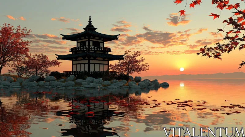 Tranquil Japanese Pagoda Landscape with Cherry Trees and Sunset AI Image