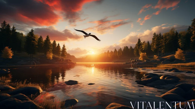 Tranquil Lake and Forest Sunset Landscape AI Image