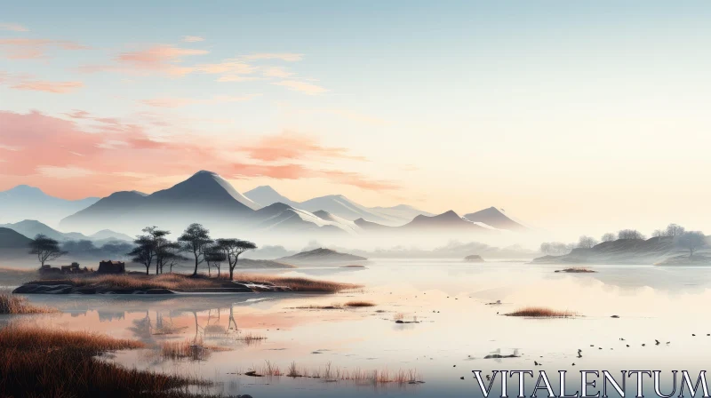 AI ART Tranquil Lake and Mountain Landscape View