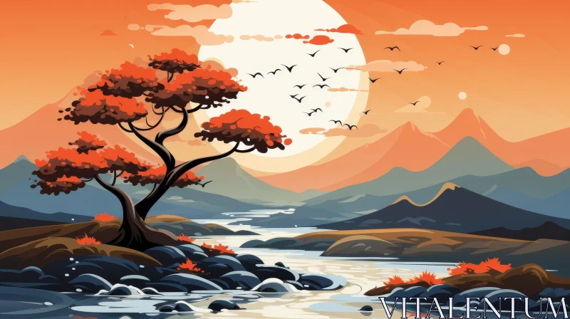 AI ART Tranquil Tree Landscape with Mountain and Moon