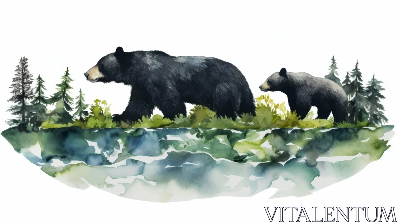 Tranquil Watercolor Painting of Black Bears in Forest AI Image