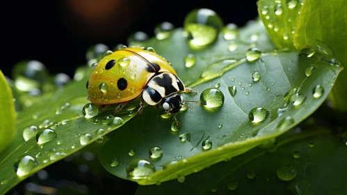 Yellow Ladybug on Green Leaf with Water Droplets